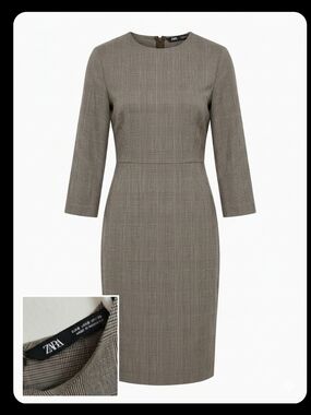 Zara Plaid Check Sheath Dress Gray Brown Professional Workwear Size S